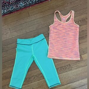 Zella girls sz 12 cropped green leggings and orange pattern racerback tank sz 12